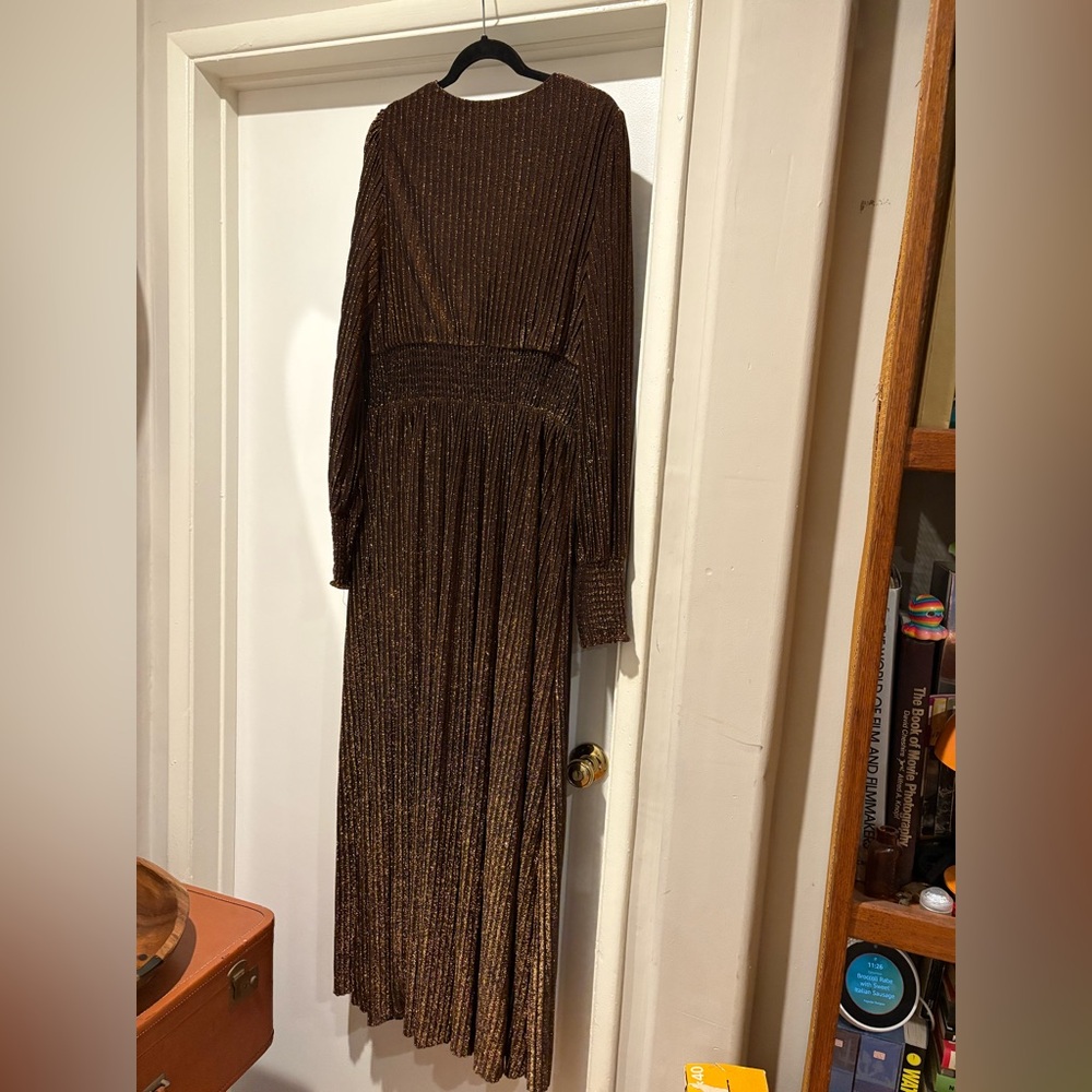 Boden Metallic Pleated V Neck Jersey Maxi Dress Holiday Copper Gold Trendy - Picture 8 of 16